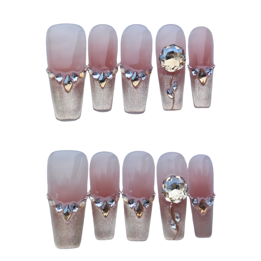 Gold Shimmer French Tip Press-On Nails with Crystal Embellishments