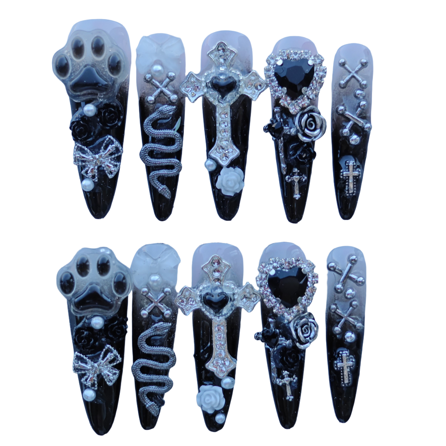 Gothic Black Press On Nails with 3D Cross, Snake, Paw Print & Rhinestones – Long Coffin Luxury Bling Fake Nail Set