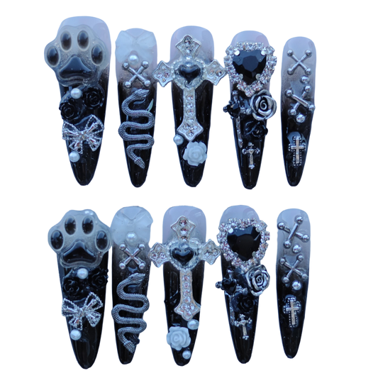 Gothic Black Press On Nails with 3D Cross, Snake, Paw Print & Rhinestones – Long Coffin Luxury Bling Fake Nail Set