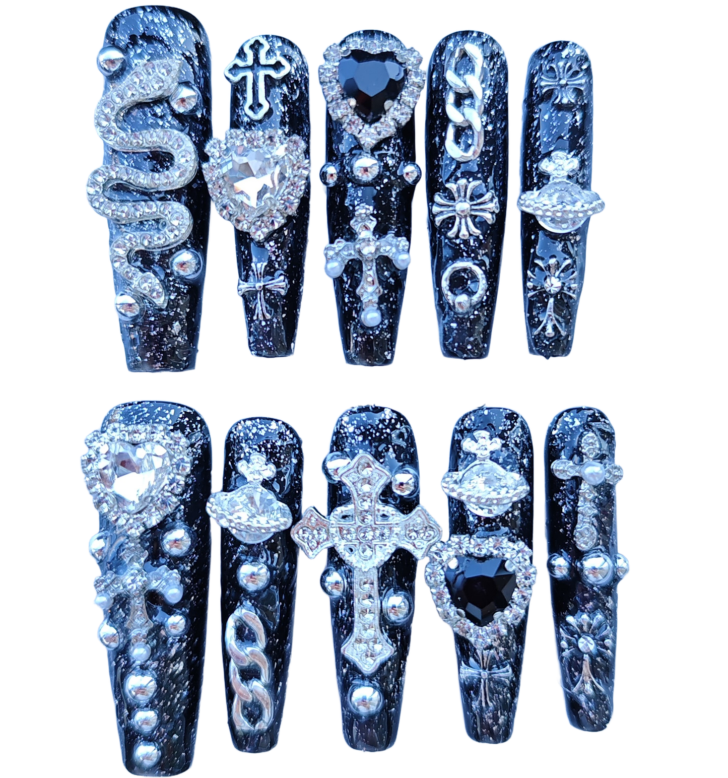 Gothic Black Press On Nails with 3D Cross, Snake & Rhinestones – Long Coffin Luxury Bling Fake Nails Set