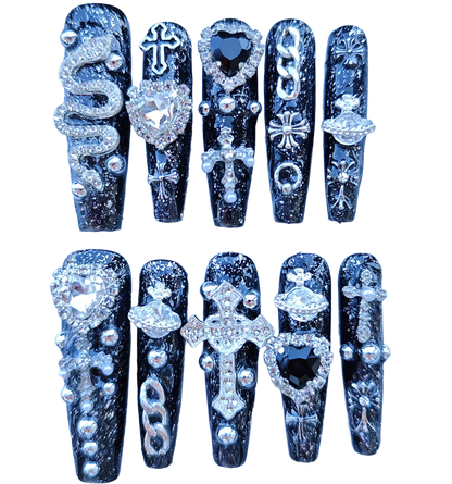 Gothic Black Press On Nails with 3D Cross, Snake & Rhinestones – Long Coffin Luxury Bling Fake Nails Set