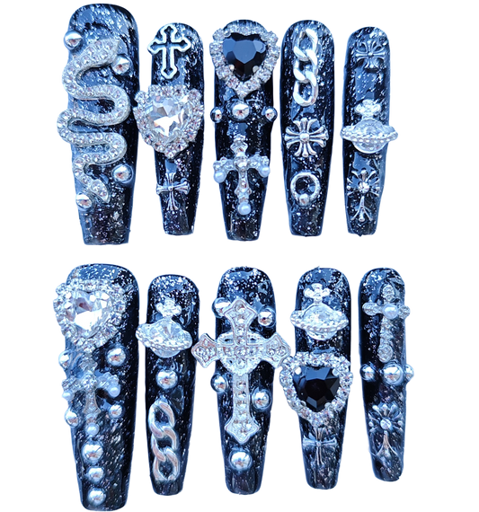 Gothic Black Press On Nails with 3D Cross, Snake & Rhinestones – Long Coffin Luxury Bling Fake Nails Set