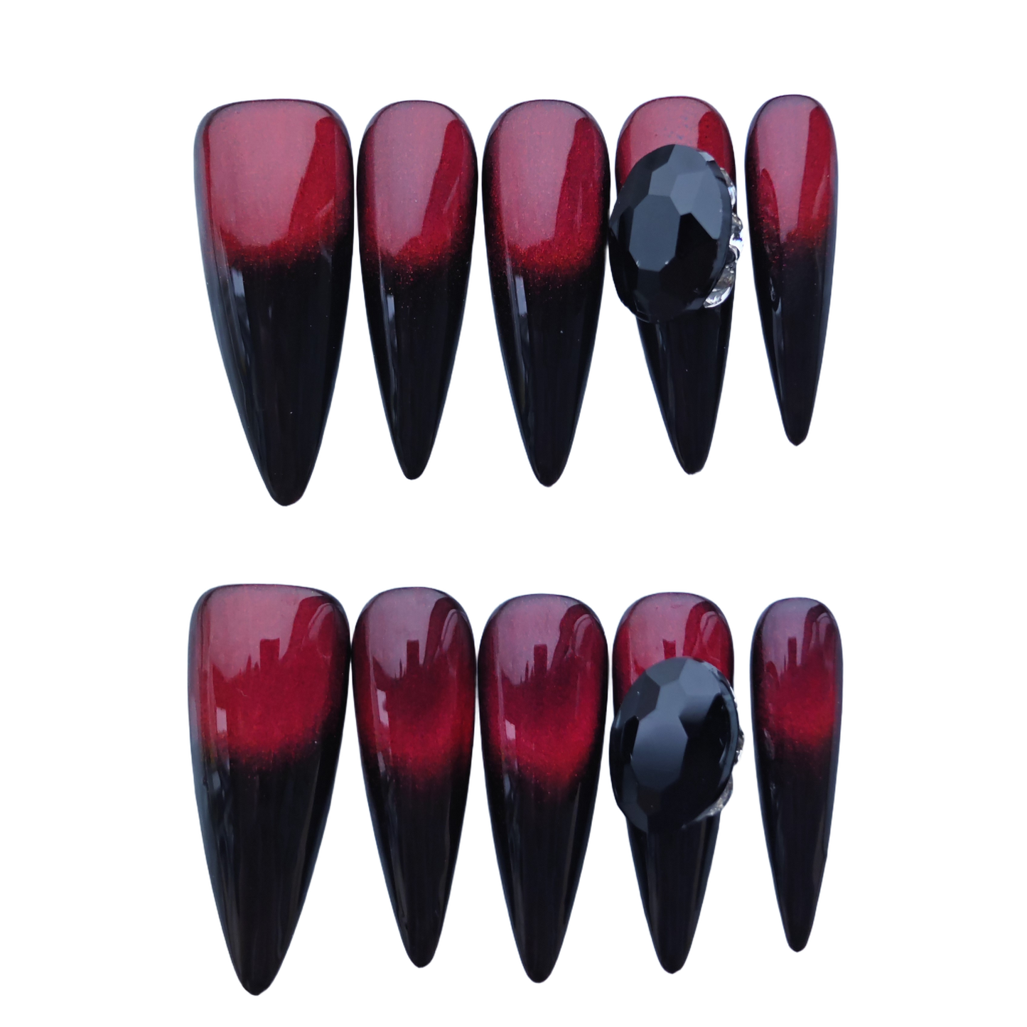 Gothic Red & Black Ombre Stiletto Press-On Nails with Gem Accent