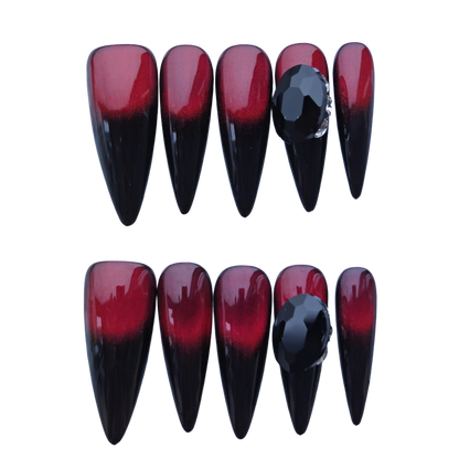 Gothic Red & Black Ombre Stiletto Press-On Nails with Gem Accent