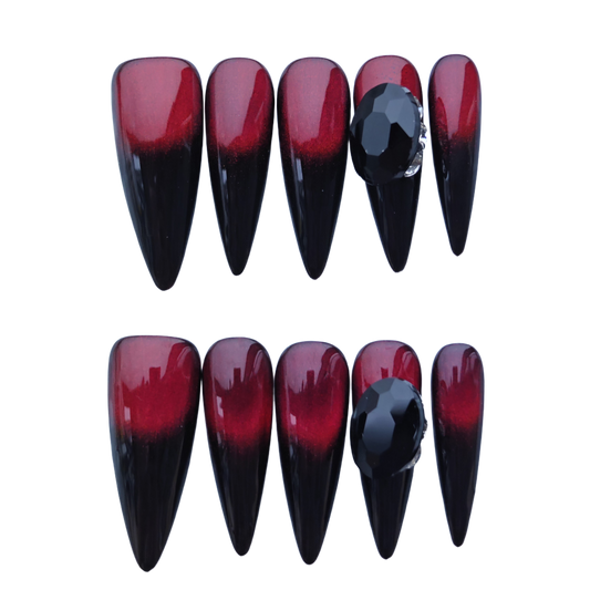 Gothic Red & Black Ombre Stiletto Press-On Nails with Gem Accent