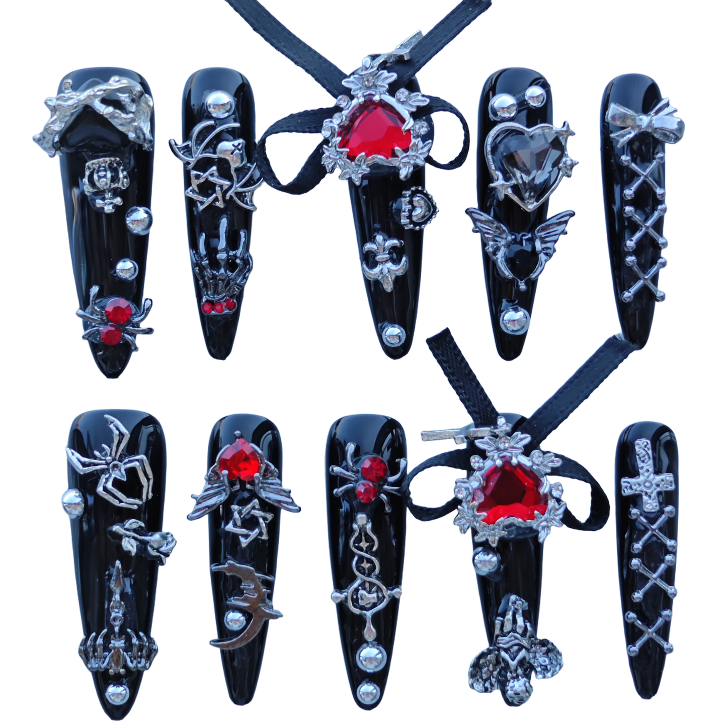 Gothic Red Heart Nails – Black Chrome Press-On Nails with Chains, Cross & Ribbon | Dark Vampire Glam by Evadia Grace