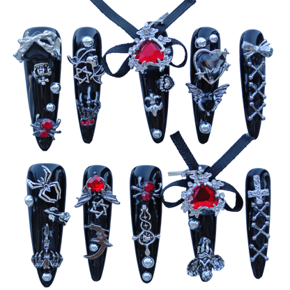 Gothic Red Heart Nails – Black Chrome Press-On Nails with Chains, Cross & Ribbon | Dark Vampire Glam by Evadia Grace