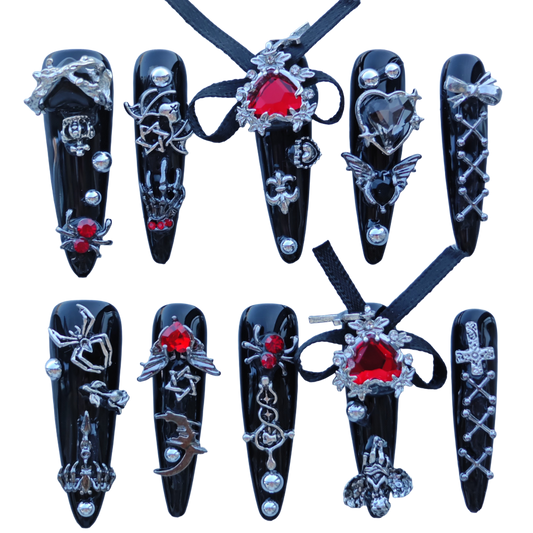 Gothic Red Heart Nails – Black Chrome Press-On Nails with Chains, Cross & Ribbon | Dark Vampire Glam by Evadia Grace