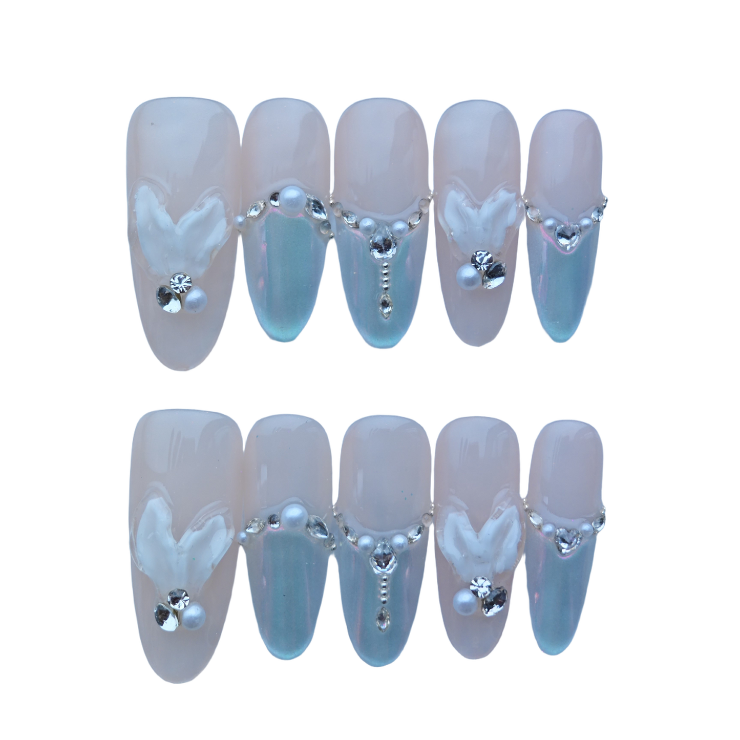 Gradient Butterfly Press-On Nails with Faux Crystals & Petal Gem Accents