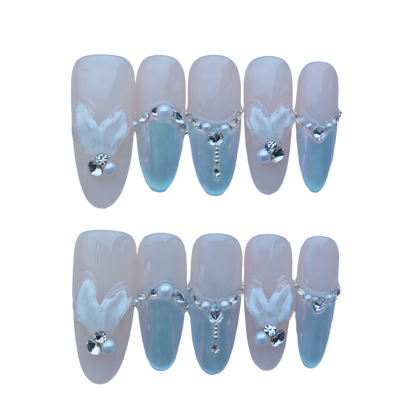 Gradient Butterfly Press-On Nails with Faux Crystals & Petal Gem Accents