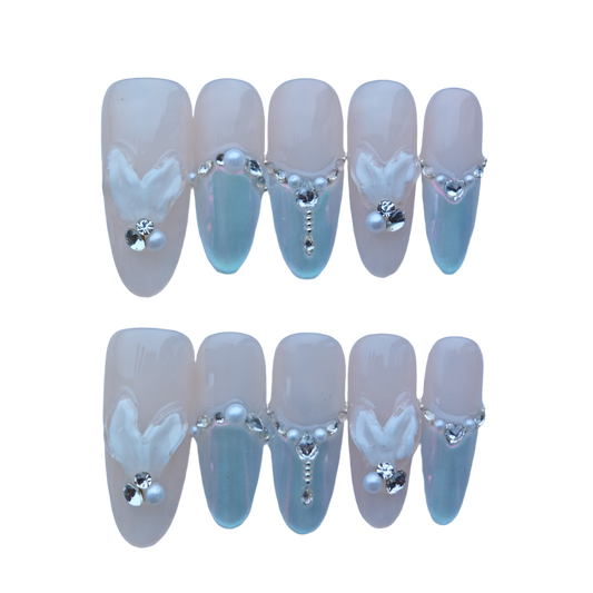 Gradient Butterfly Press-On Nails with Faux Crystals & Petal Gem Accents