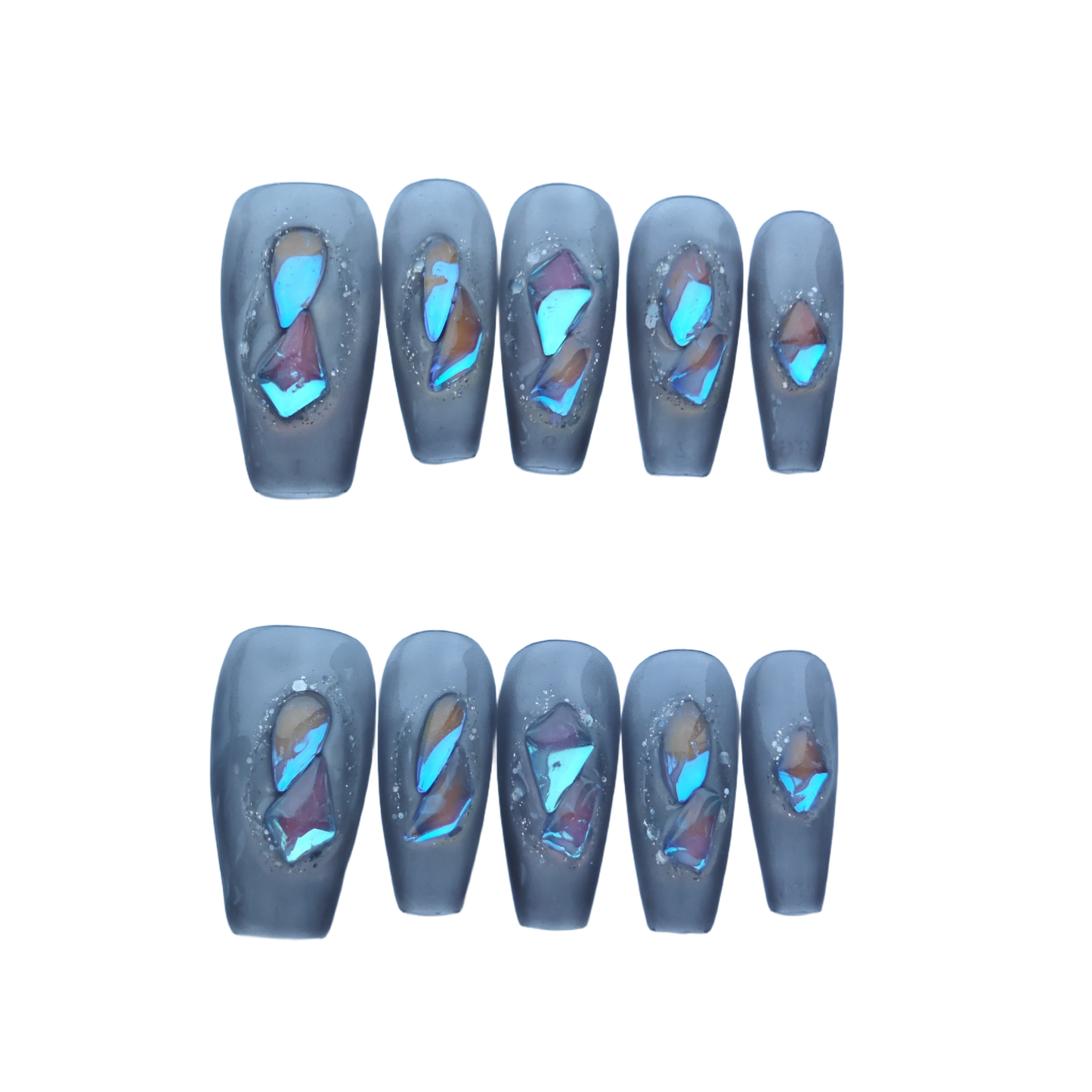 Gray Matte Press-On Nails with Iridescent Shattered Glass Effect