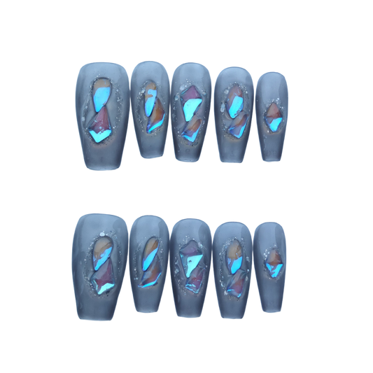 Gray Matte Press-On Nails with Iridescent Shattered Glass Effect