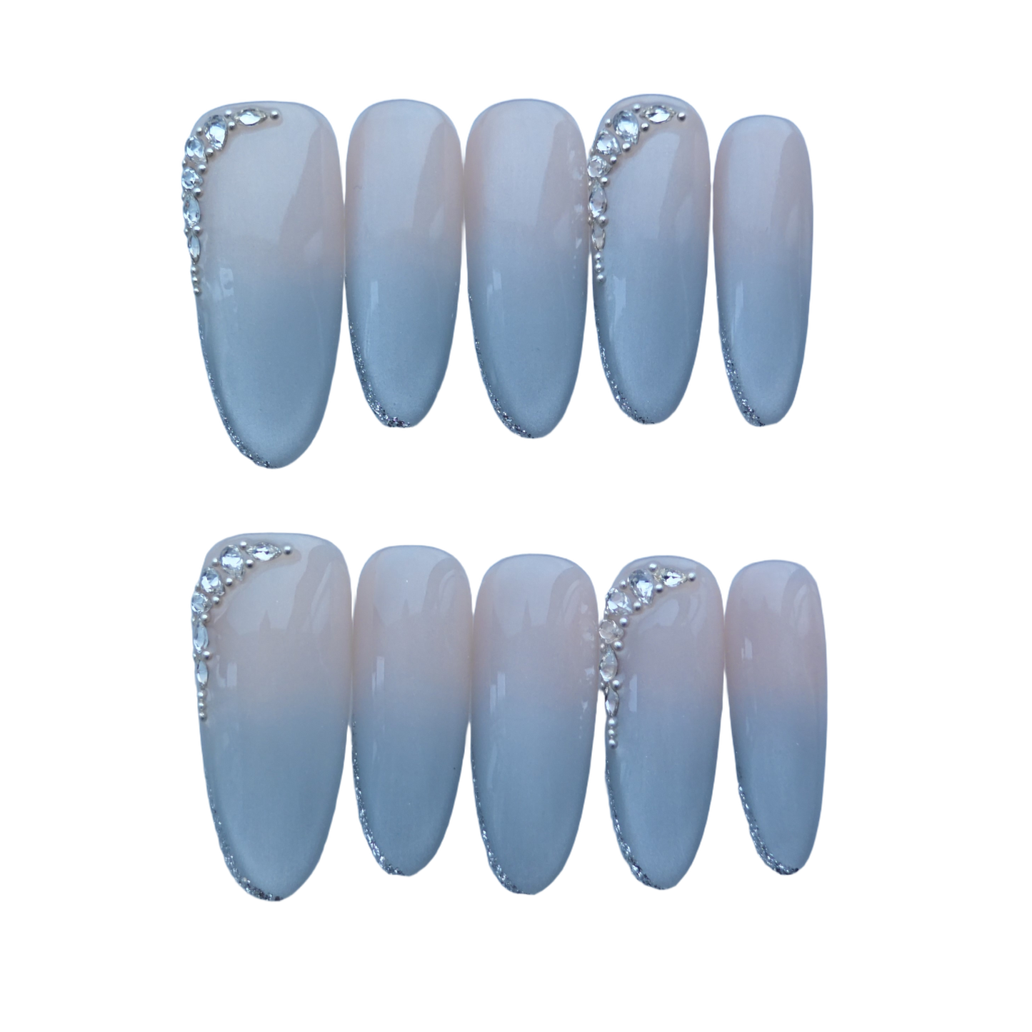 Gray Nude Gradient Press-On Nails with Crystal Accents