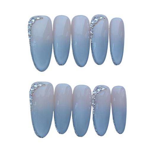 Gray Nude Gradient Press-On Nails with Crystal Accents