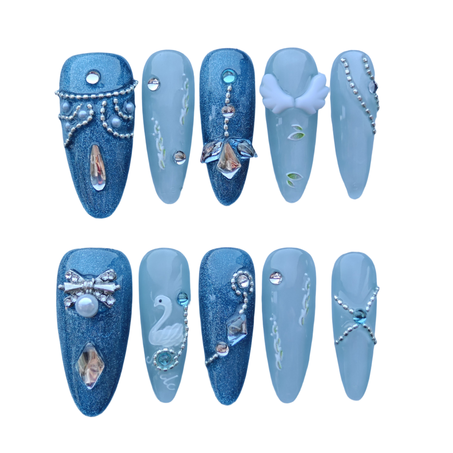 Ice Swan Royale Nails – Blue Glitter Press-On Nails with Swan, Pearl & Crystal Accents | Elegant Winter Luxury Nails by Evadia Grace