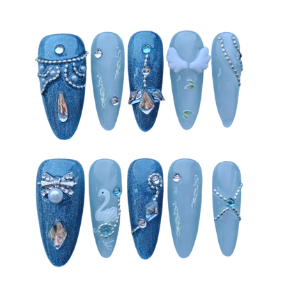 Ice Swan Royale Nails – Blue Glitter Press-On Nails with Swan, Pearl & Crystal Accents | Elegant Winter Luxury Nails by Evadia Grace