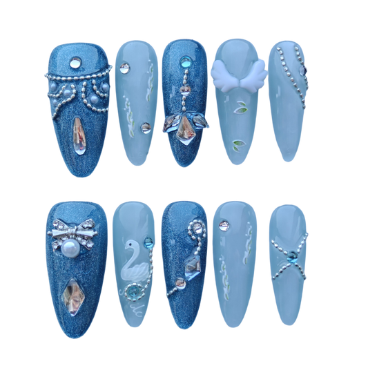 Ice Swan Royale Nails – Blue Glitter Press-On Nails with Swan, Pearl & Crystal Accents | Elegant Winter Luxury Nails by Evadia Grace