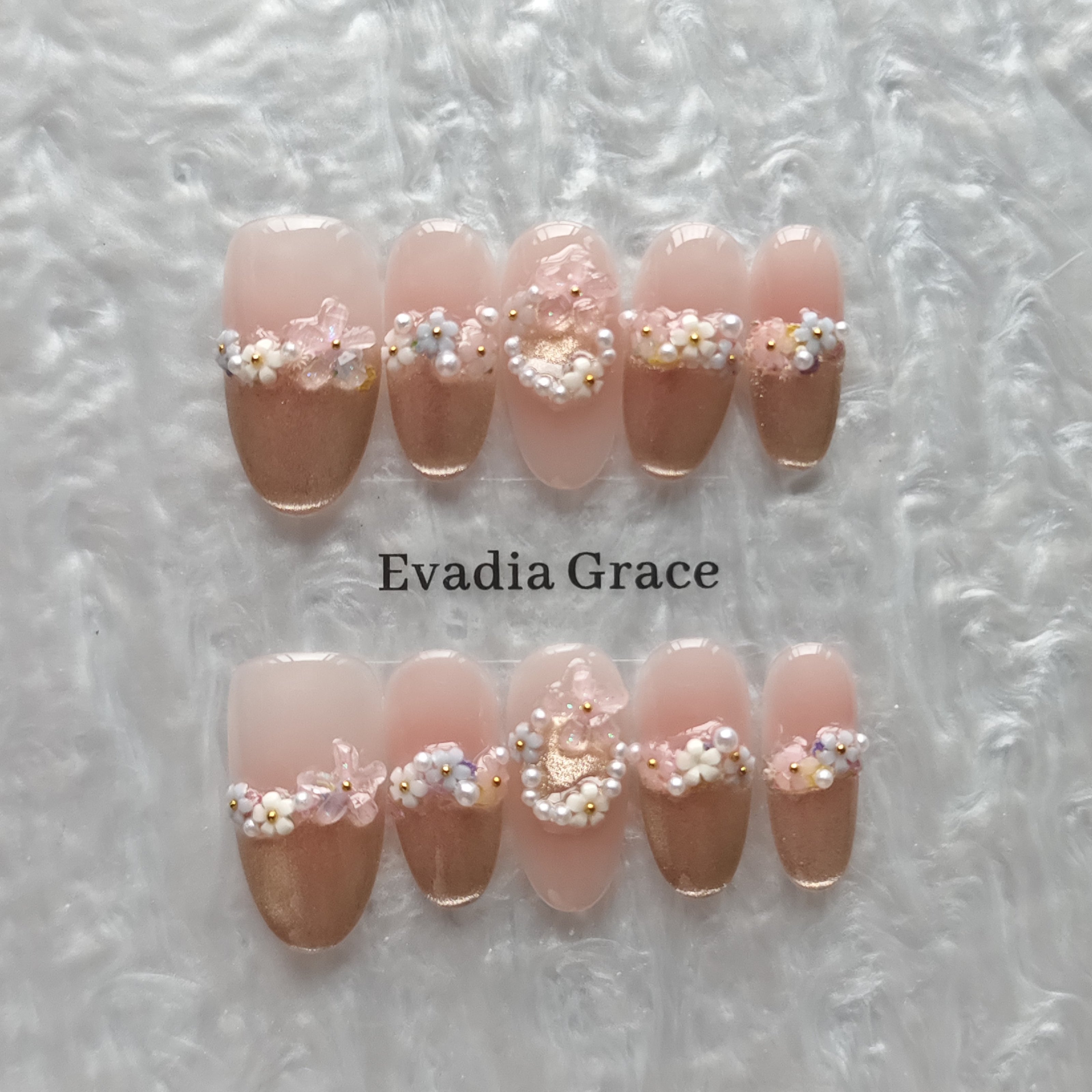 Elegant Pink Floral Press-On Nails with Faux Pearls & Rhinestones