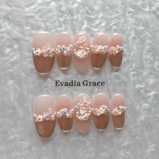 Elegant Pink Floral Press-On Nails with Faux Pearls & Rhinestones