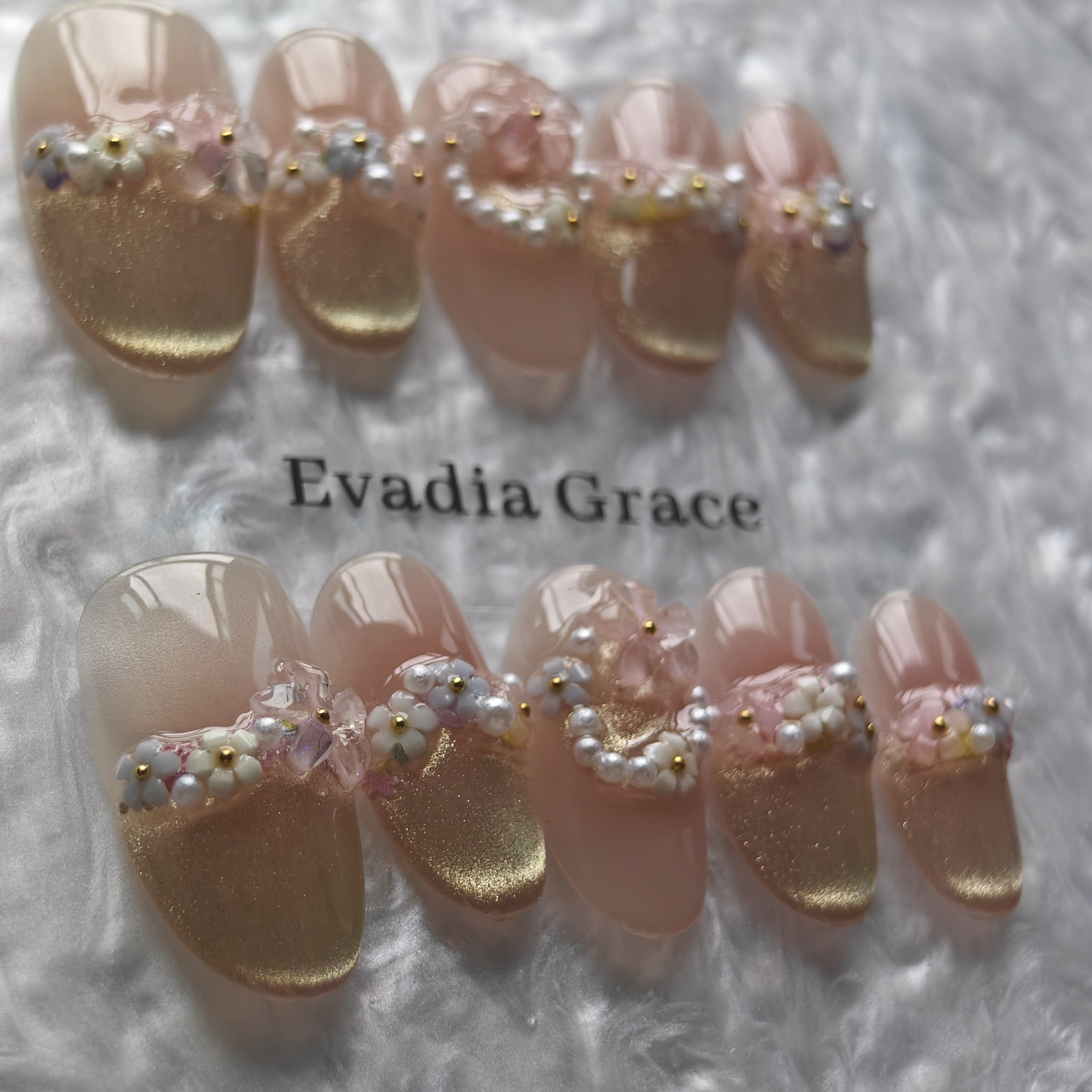 Elegant Pink Floral Press-On Nails with Faux Pearls & Rhinestones