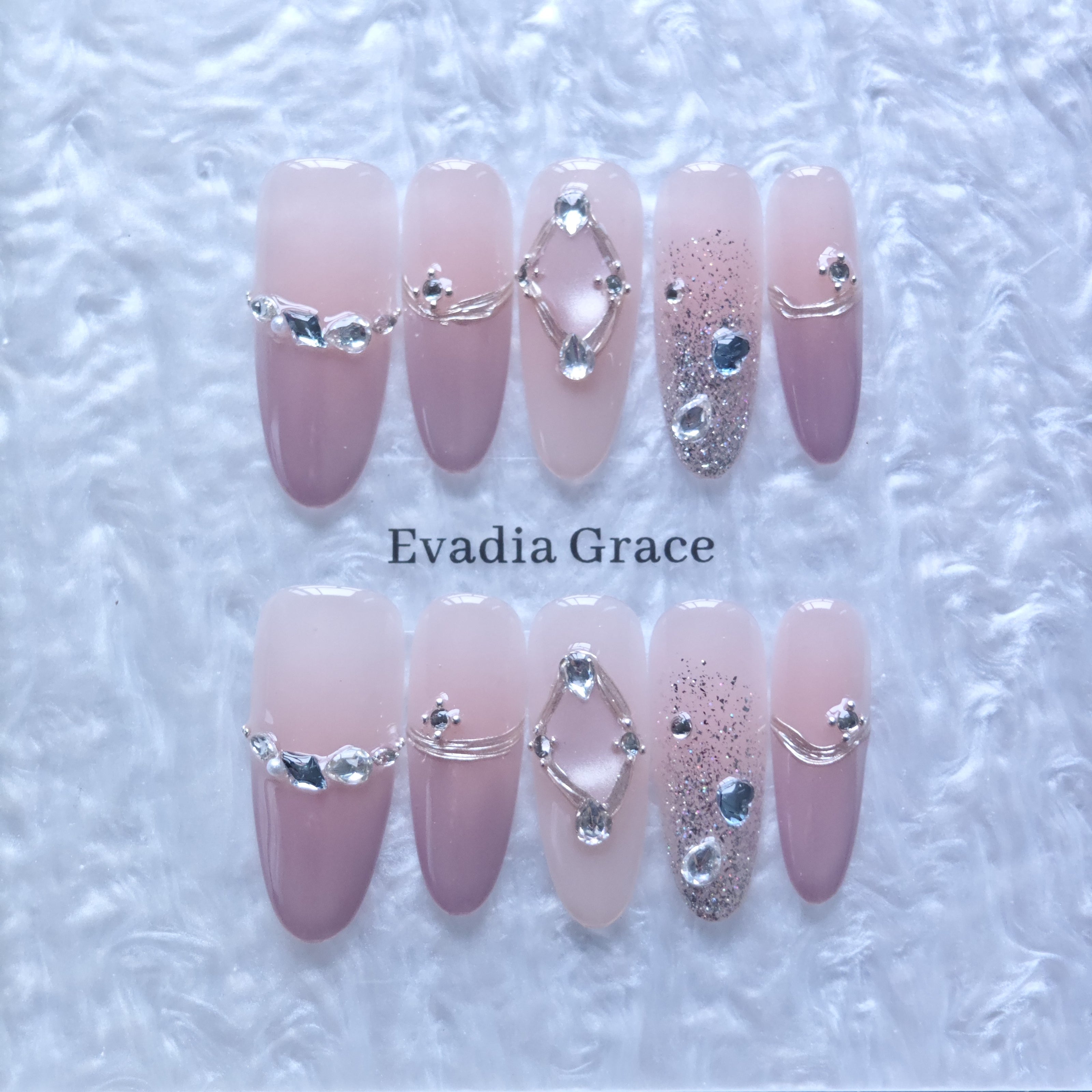 Blush Pink Gradient Press-On Nails with Faux Diamond & Silver Wire Accents