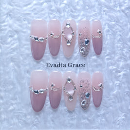 Blush Pink Gradient Press-On Nails with Faux Diamond & Silver Wire Accents