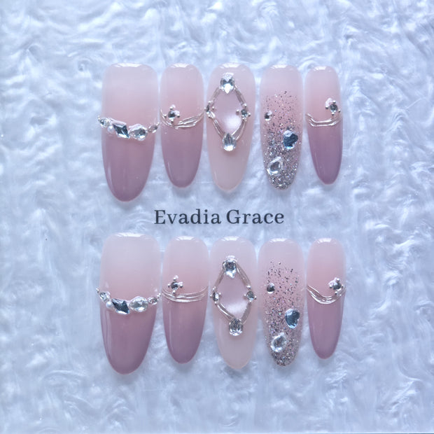 Blush Pink Gradient Press-On Nails with Faux Diamond & Silver Wire Accents