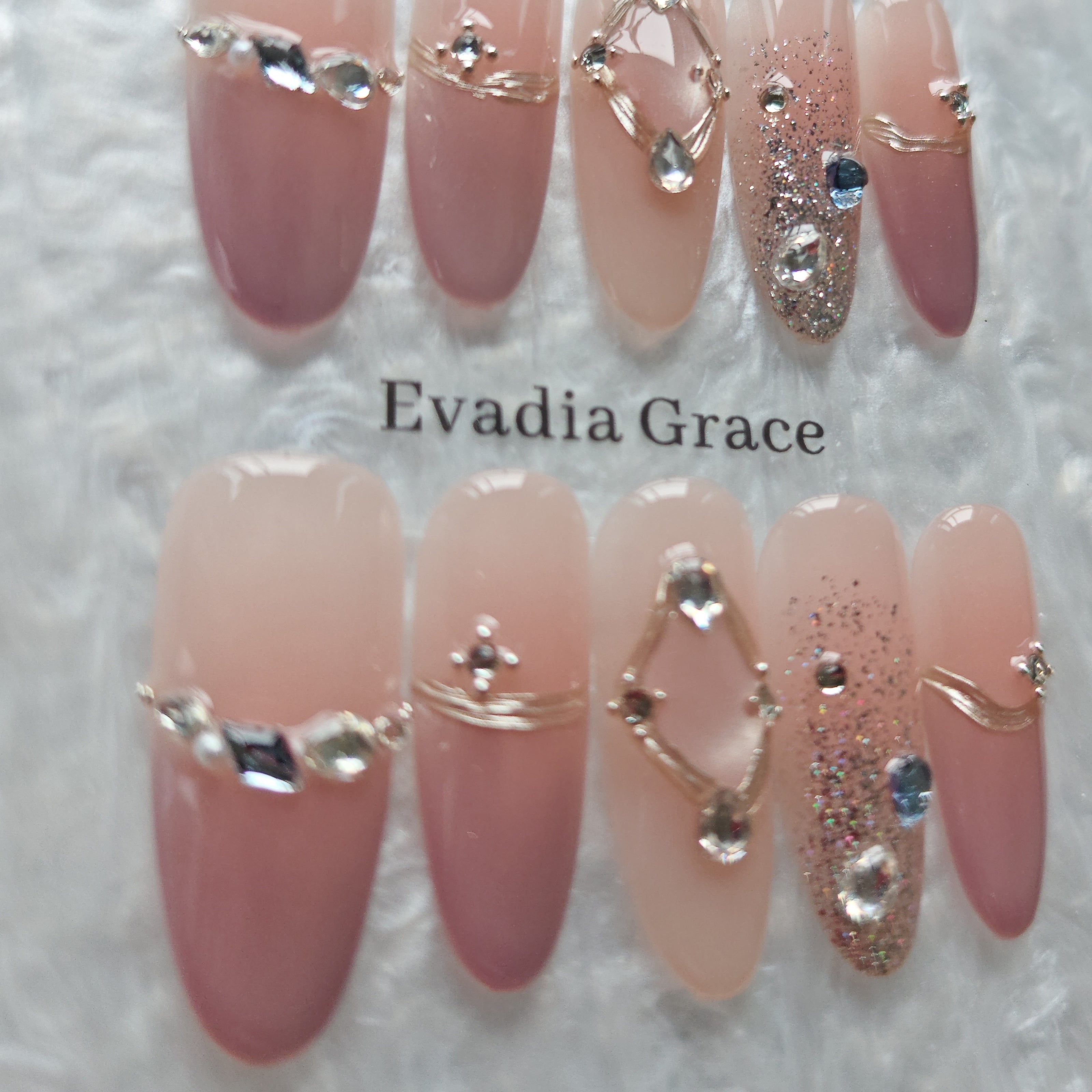 Blush Pink Gradient Press-On Nails with Faux Diamond & Silver Wire Accents