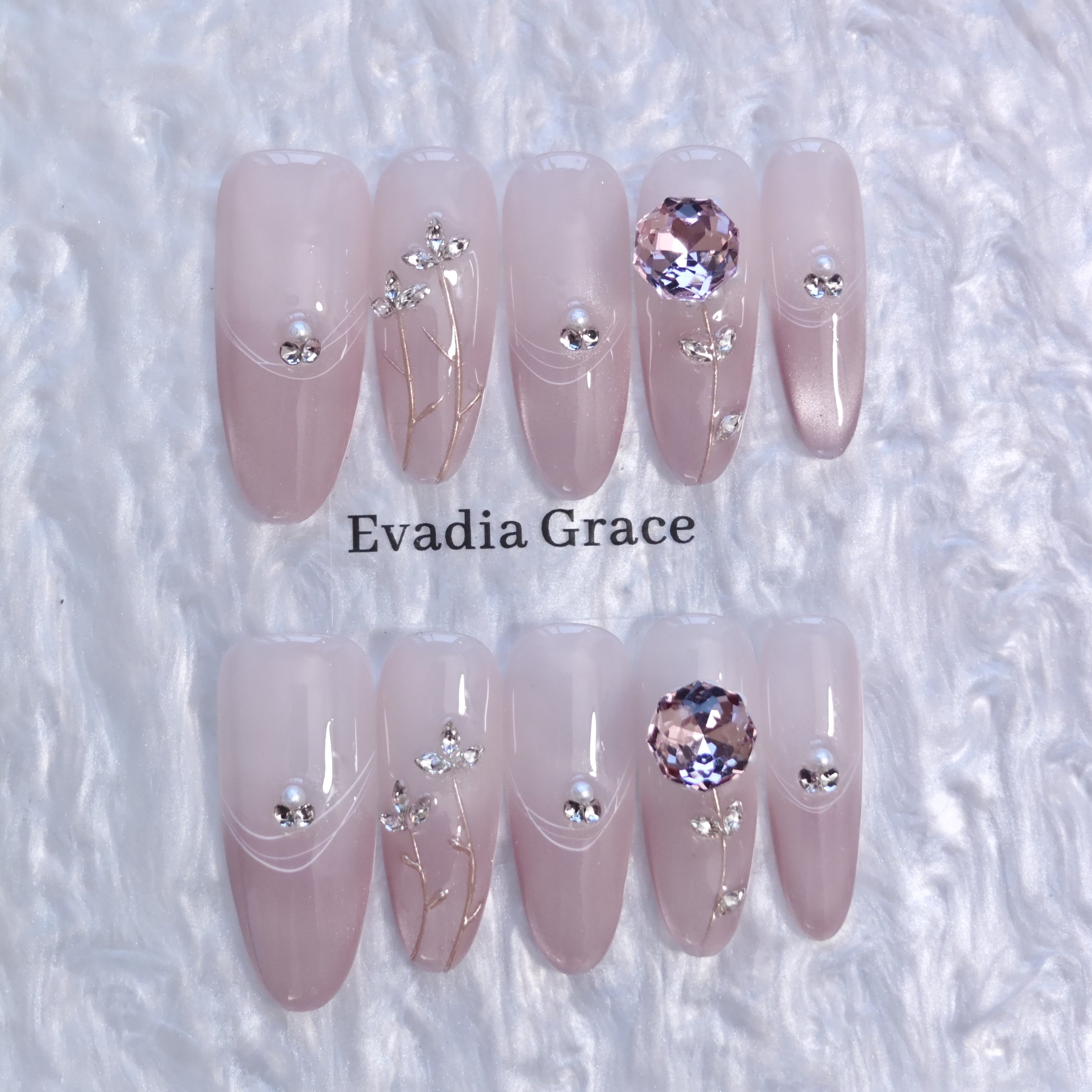 Blush Floral Press-On Nails with Faux Pearls, Rhinestones & Gold Vine Accents