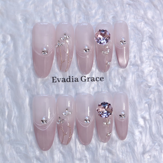 Blush Floral Press-On Nails with Faux Pearls, Rhinestones & Gold Vine Accents