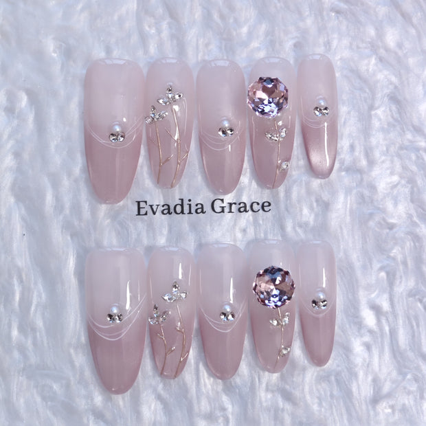 Blush Floral Press-On Nails with Faux Pearls, Rhinestones & Gold Vine Accents