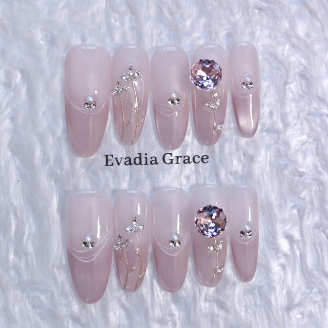 Blush Floral Press-On Nails with Faux Pearls, Rhinestones & Gold Vine Accents