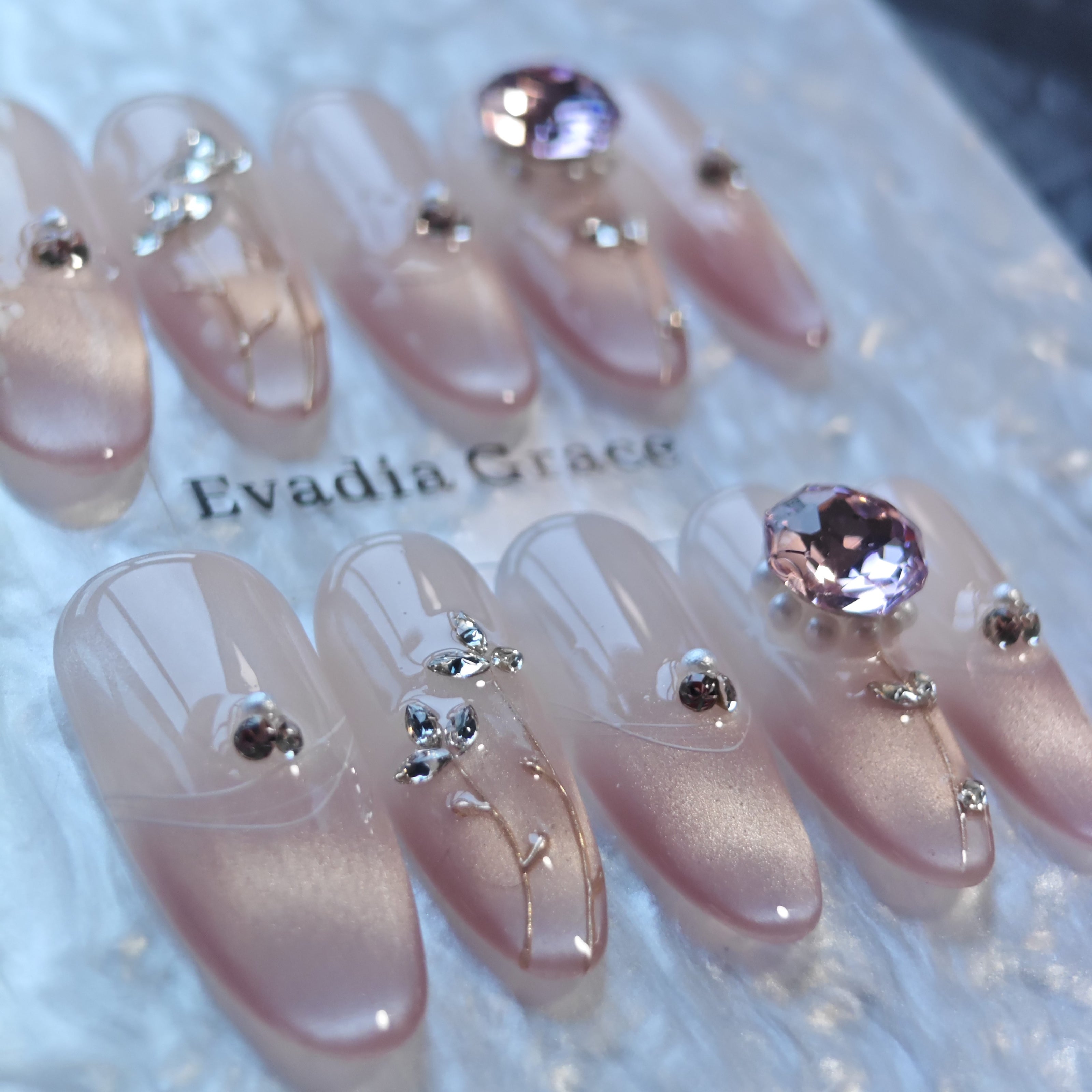 Blush Floral Press-On Nails with Faux Pearls, Rhinestones & Gold Vine Accents