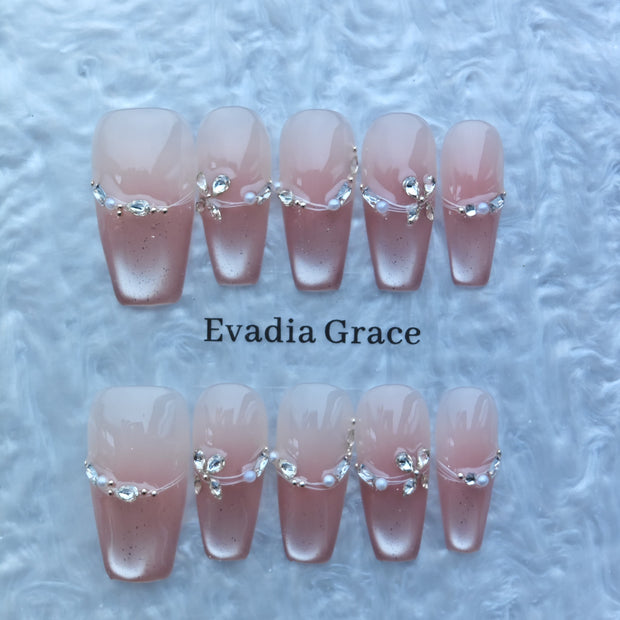 Blush Gradient Press-On Nails with Petal Rhinestone Accents & Pearl Detailing