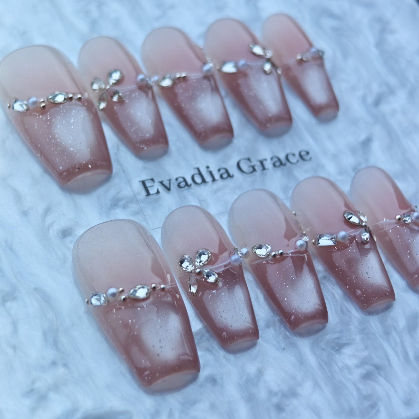 Blush Gradient Press-On Nails with Petal Rhinestone Accents & Pearl Detailing