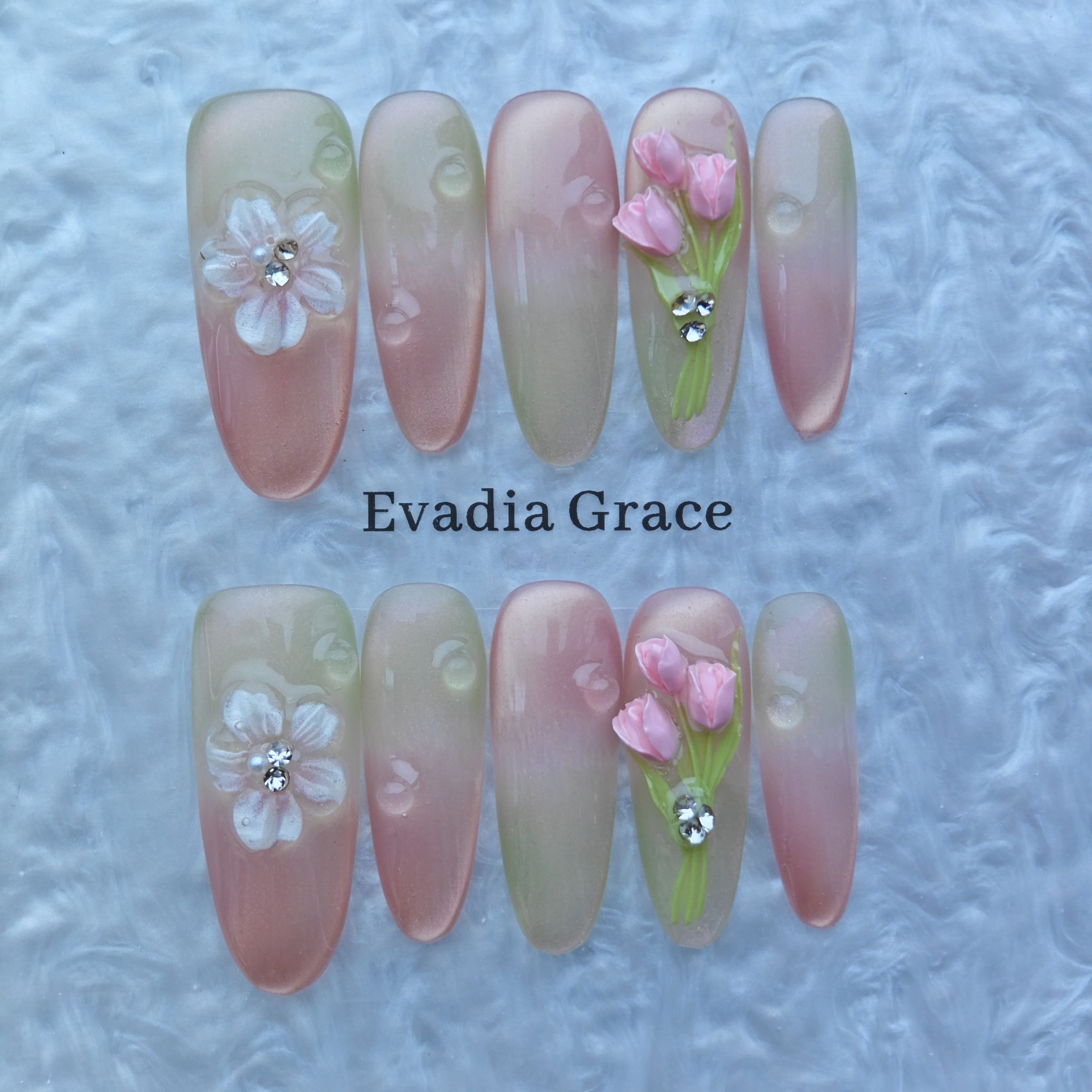Pink Ombre Press-On Nails with Faux Petals, Pearls & Rhinestones