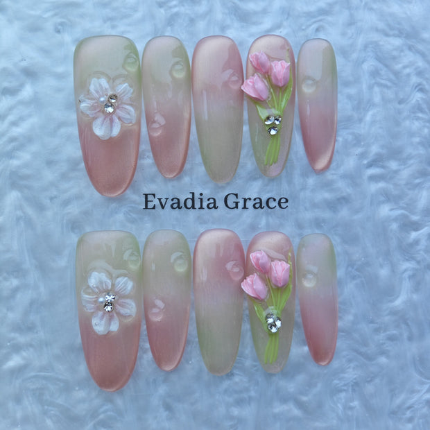 Pink Ombre Press-On Nails with Faux Petals, Pearls & Rhinestones