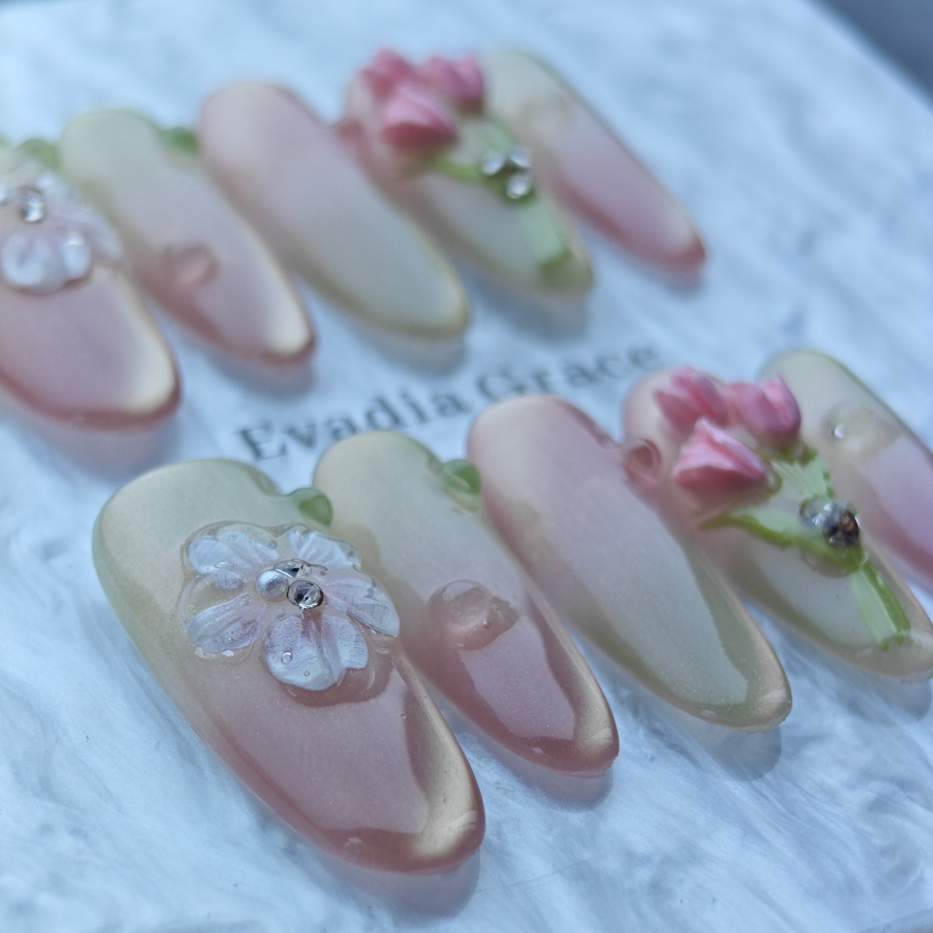 Pink Ombre Press-On Nails with Faux Petals, Pearls & Rhinestones