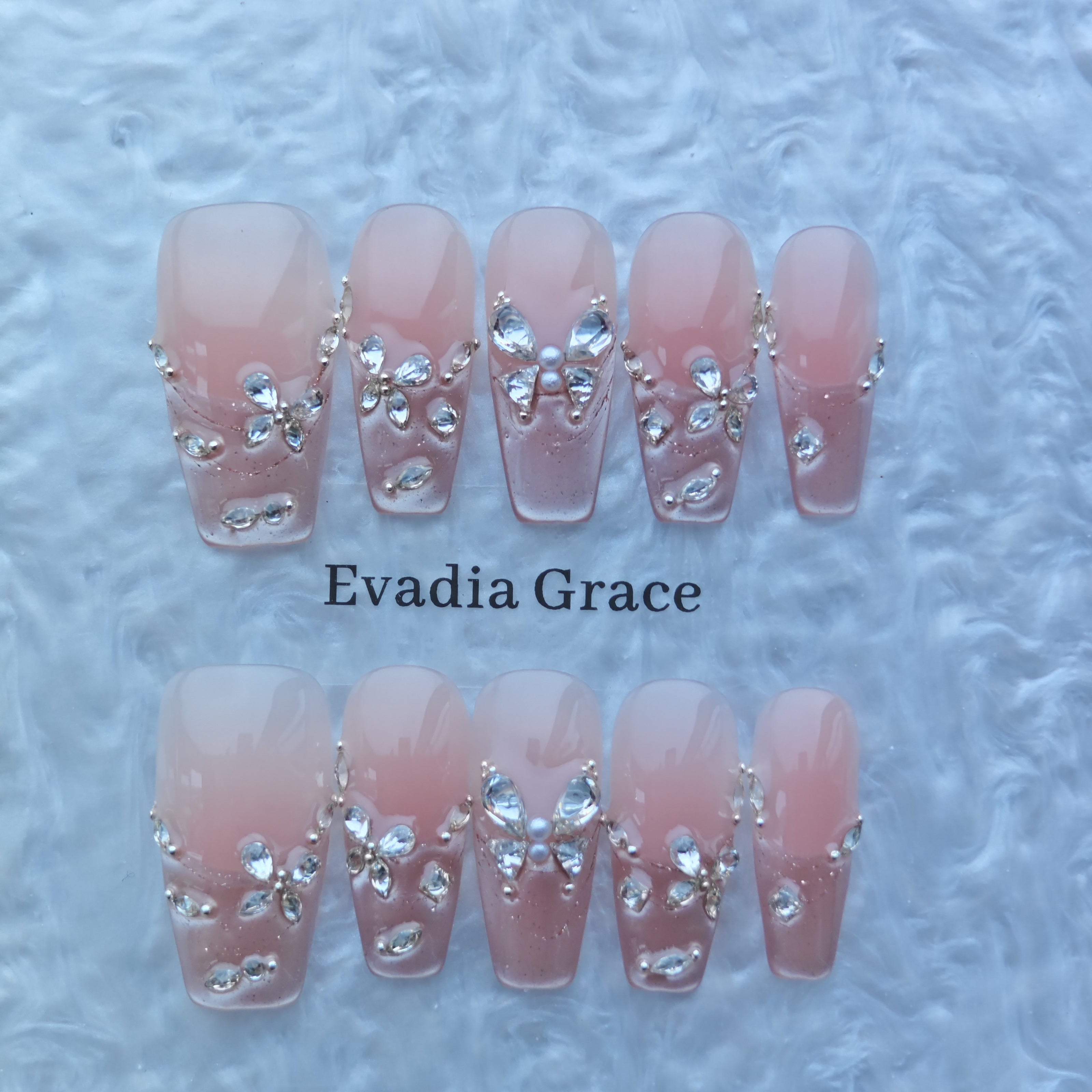 Pink Ombre Press-On Nails with Faux Gem Butterfly Accents
