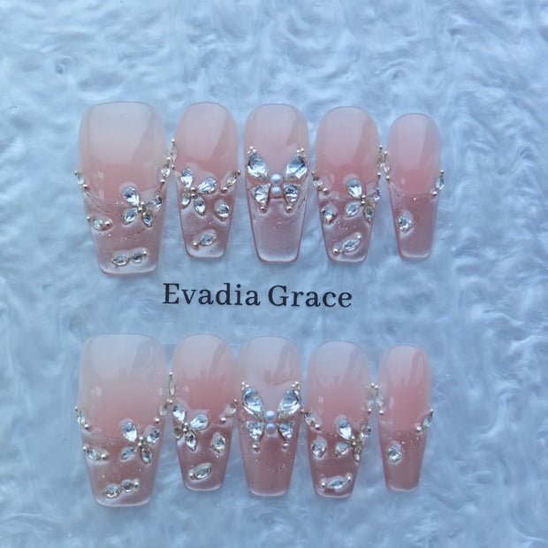 Pink Ombre Press-On Nails with Faux Gem Butterfly Accents