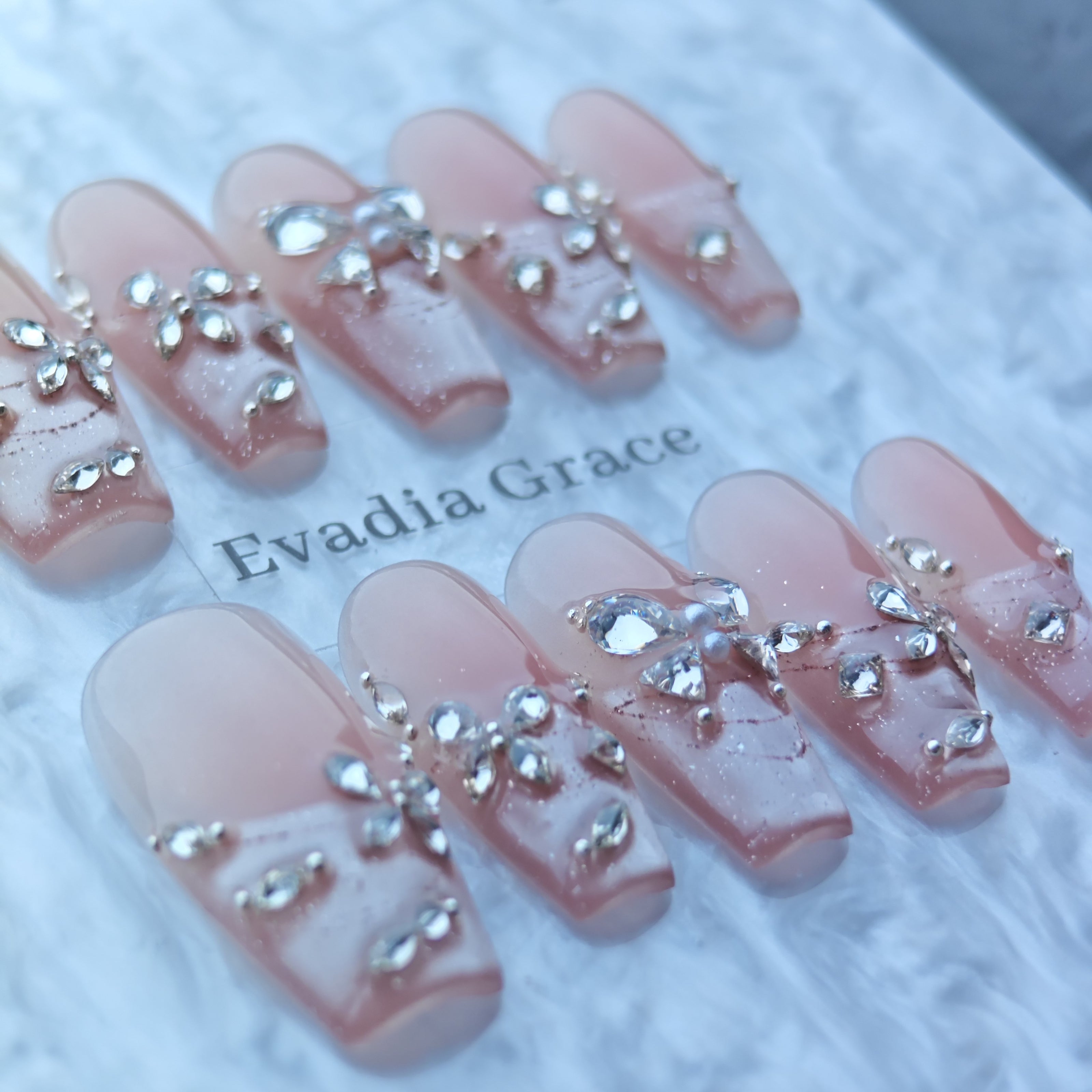 Pink Ombre Press-On Nails with Faux Gem Butterfly Accents