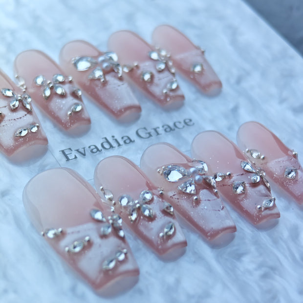 Pink Ombre Press-On Nails with Faux Gem Butterfly Accents