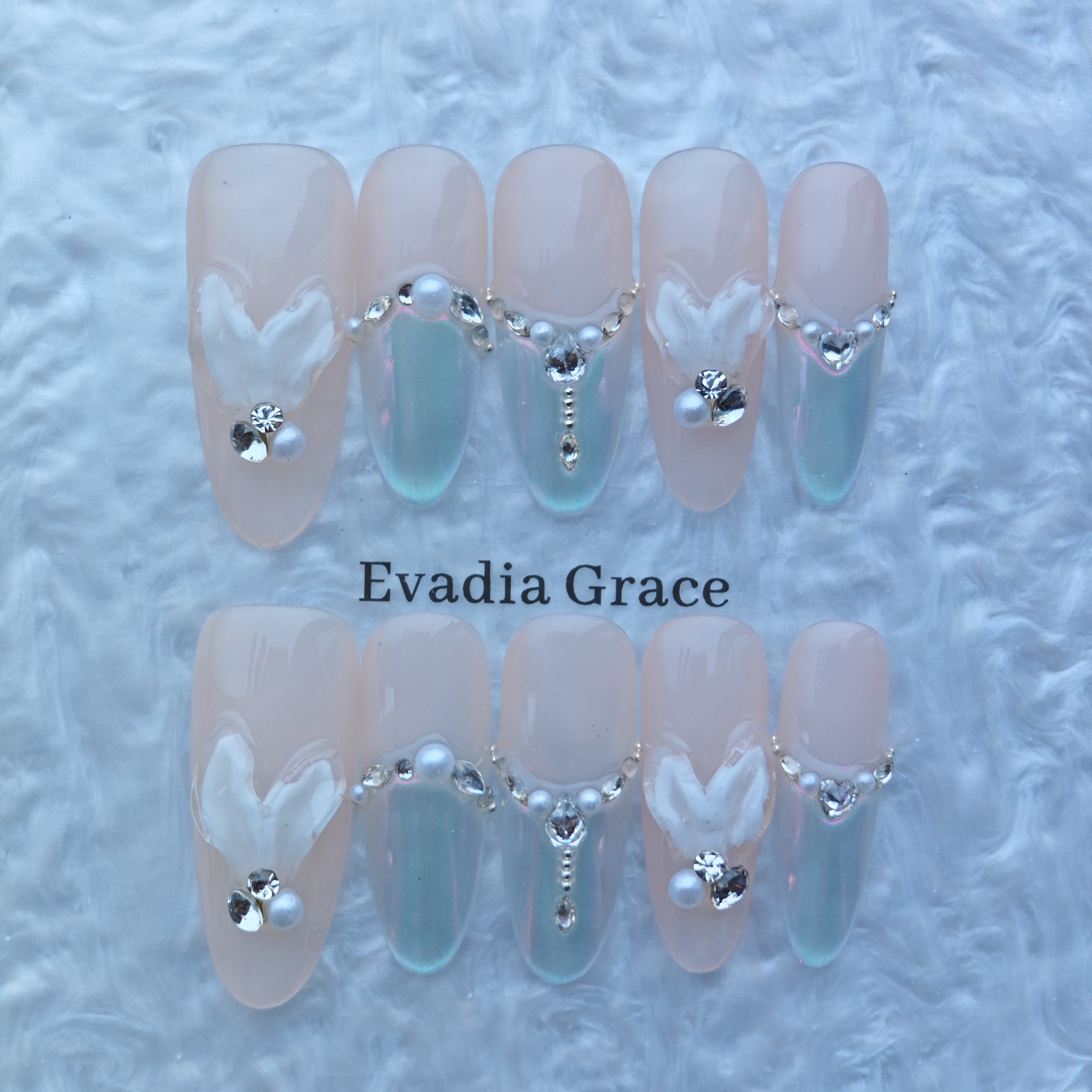 Gradient Butterfly Press-On Nails with Faux Crystals & Petal Gem Accents