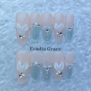 Gradient Butterfly Press-On Nails with Faux Crystals & Petal Gem Accents