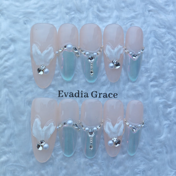 Gradient Butterfly Press-On Nails with Faux Crystals & Petal Gem Accents