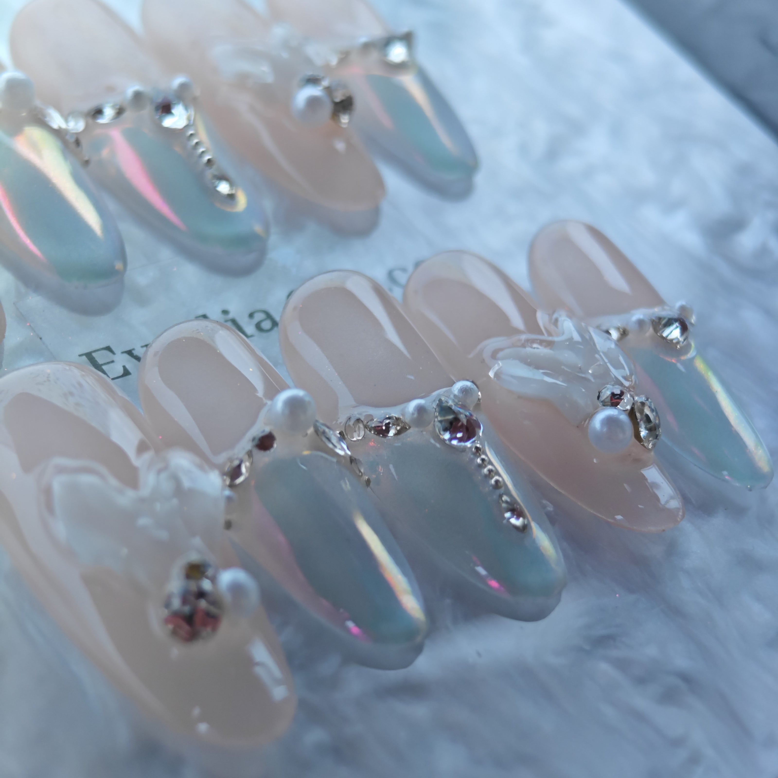 Gradient Butterfly Press-On Nails with Faux Crystals & Petal Gem Accents