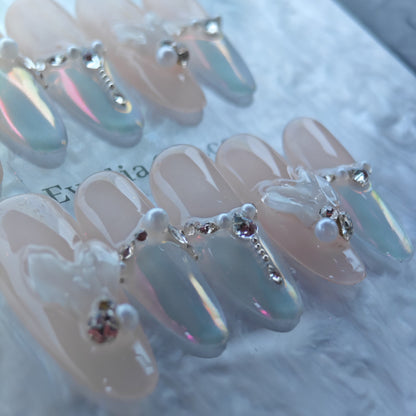 Gradient Butterfly Press-On Nails with Faux Crystals & Petal Gem Accents
