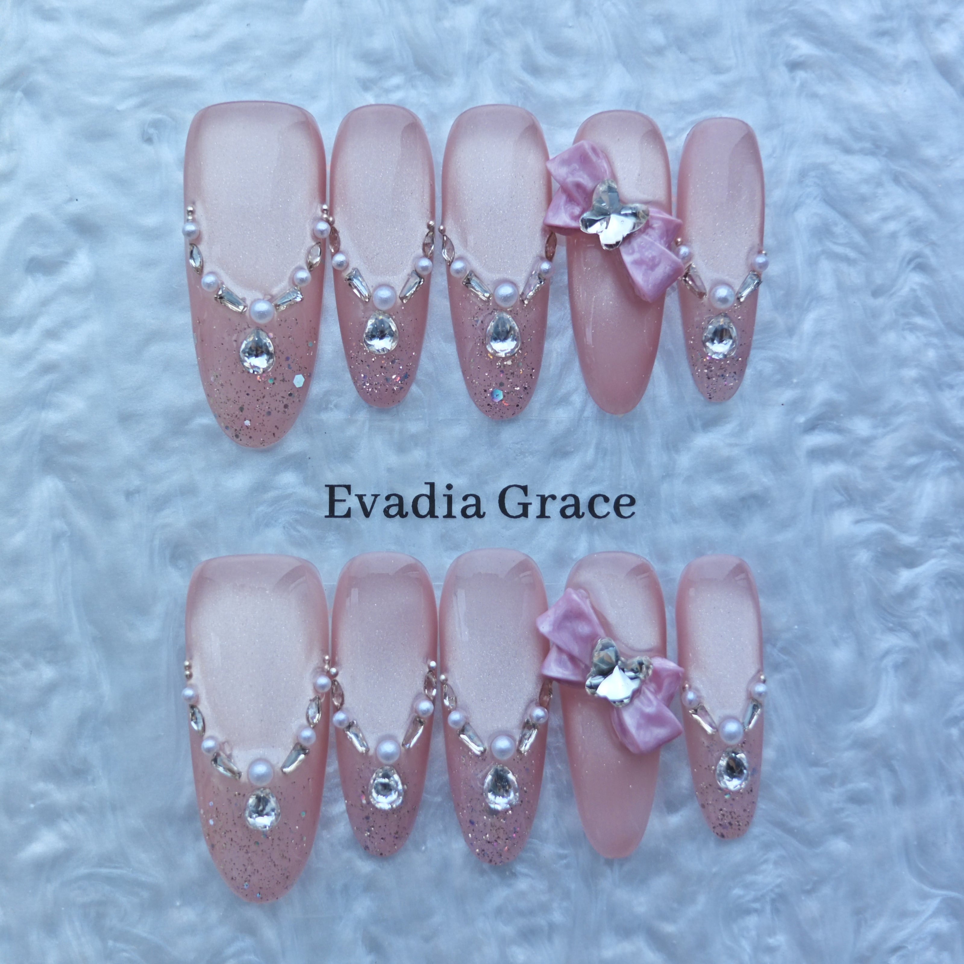 Pink Glitter Press-On Nails with Faux Pearls, Rhinestones & Bow Accents