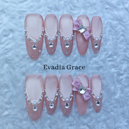 Pink Glitter Press-On Nails with Faux Pearls, Rhinestones & Bow Accents